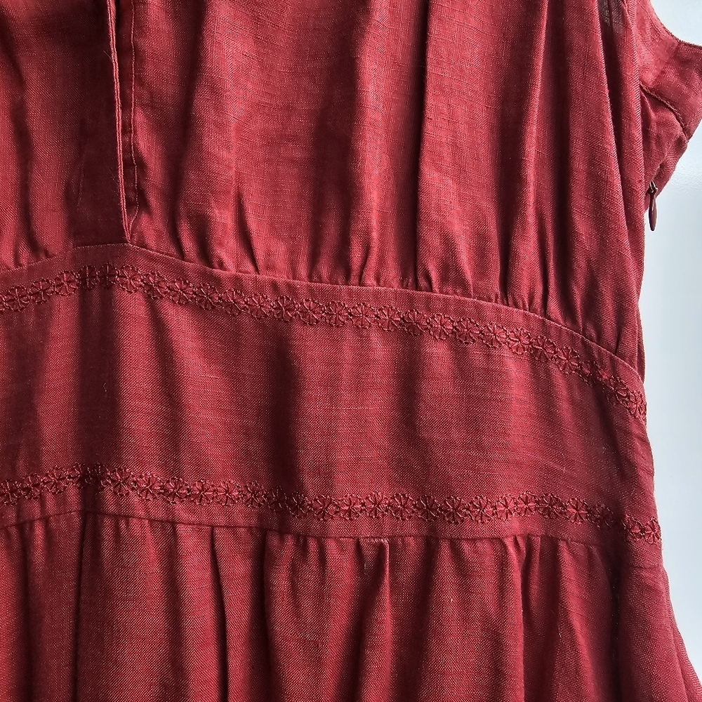 RUST Color!Vintage Carole Little Linen Dress, Rust Color Tiered Ruched, Size 12 - Picture 6 of 14